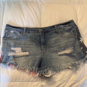 American Flag Blue Distressed Jean Shorts with Frayed Hem